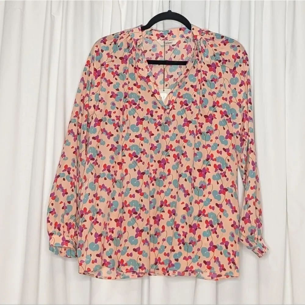Tucker NYC Long Sleeve Polo Blouse Cherry Bloom Large Floral in Crepe de Chine